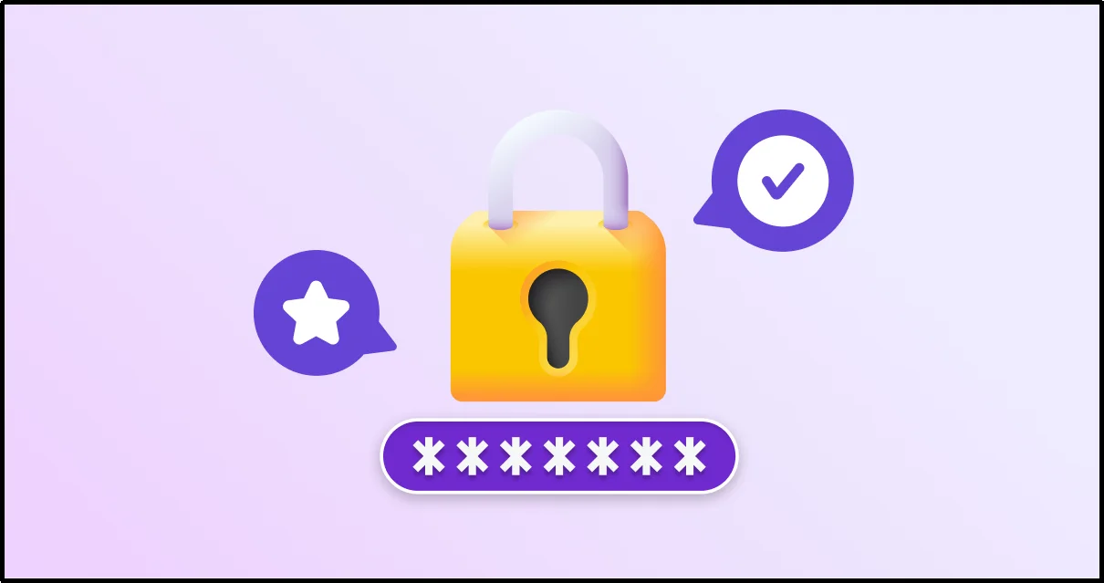 Padlock with a password field, star, and checkmark icons representing the benefits of WordPress password protection