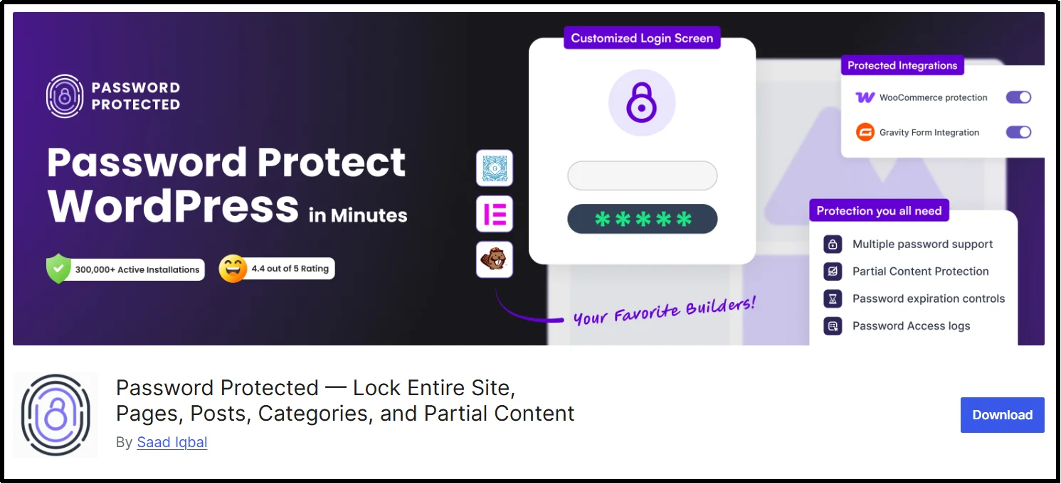 Password Protected plugin banner on WordPress.org showing site, page, post, and partial content protection features