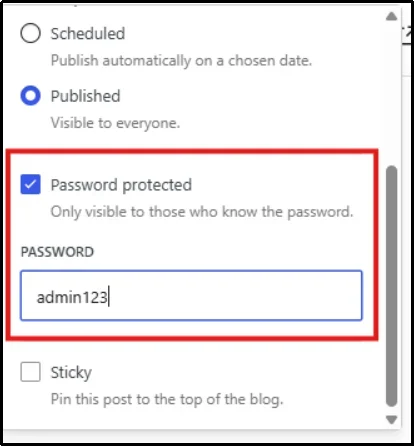 WordPress editor visibility panel with the Password protected option checked and a password entered
