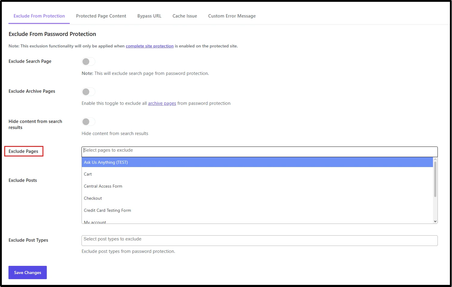 Selecting home and contact pages in the Exclude Pages field to keep them public