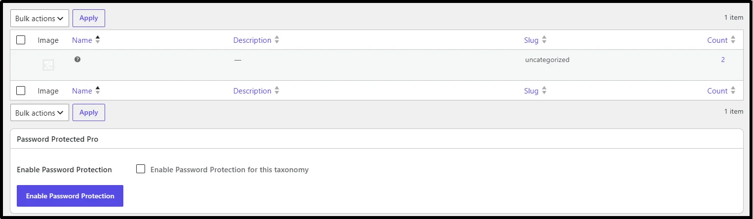 Password Protection status enabled in the category settings panel