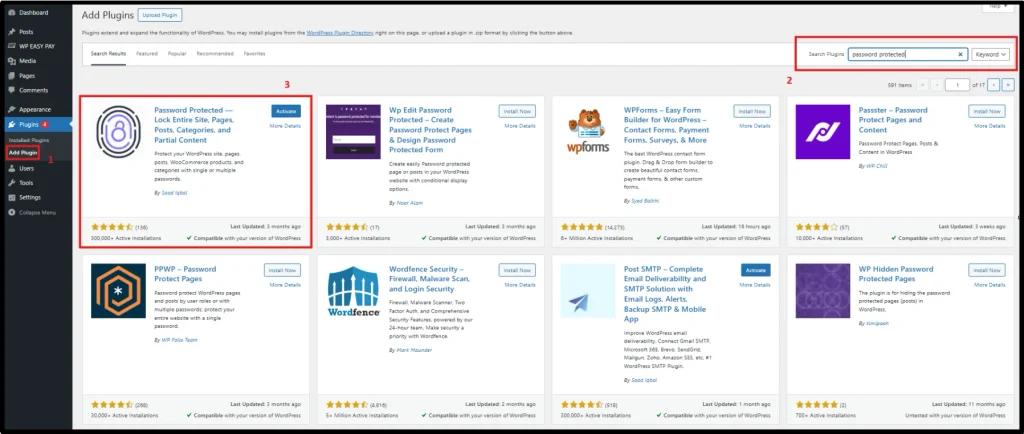 Searching for the Password Protected plugin in the WordPress Add Plugins screen