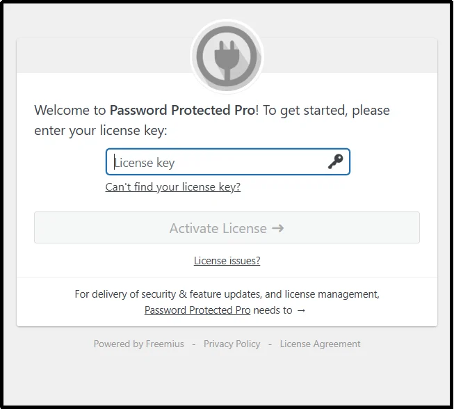 Entering the Password Protected Pro license key on the plugin activation screen