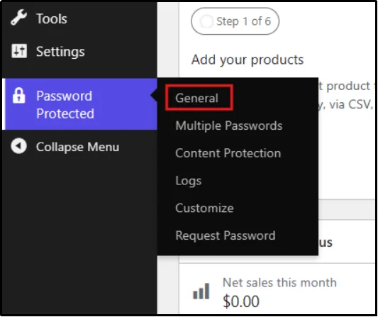 Password Protected General settings tab open in the WordPress dashboard