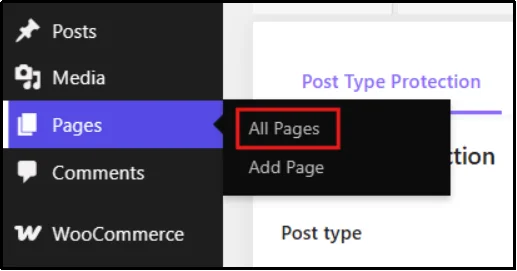 WordPress All Pages screen listing WooCommerce shop, cart, and checkout pages