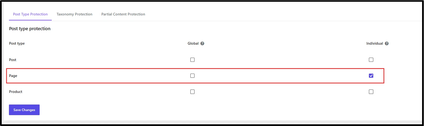 Individual Pages selected under Post Type Protection in Password Protected