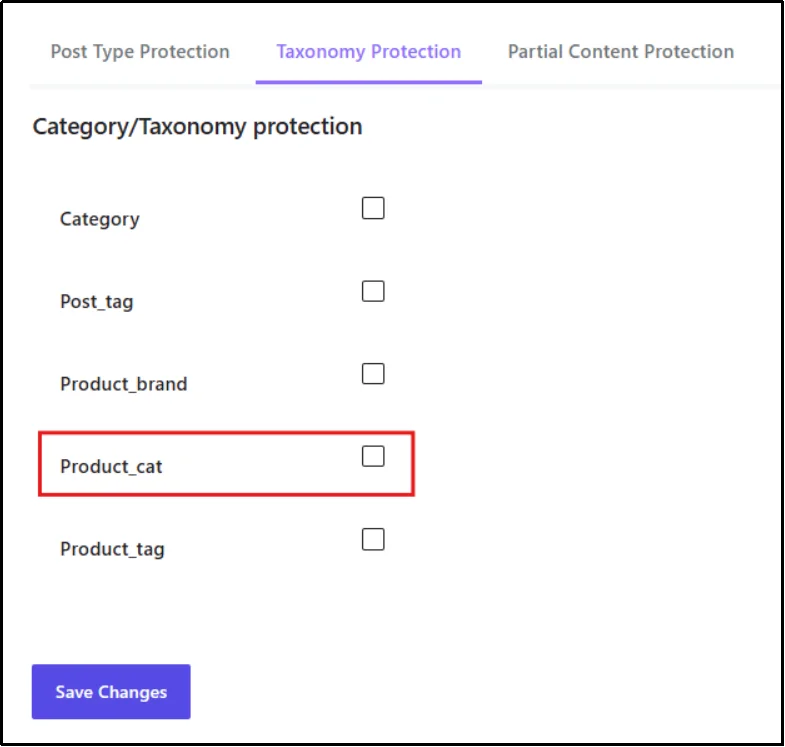 Product Category checkbox ticked under Taxonomy Protection in Password Protected