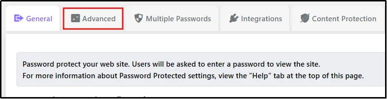 Advanced tab in Password Protected settings used to exclude pages from protection