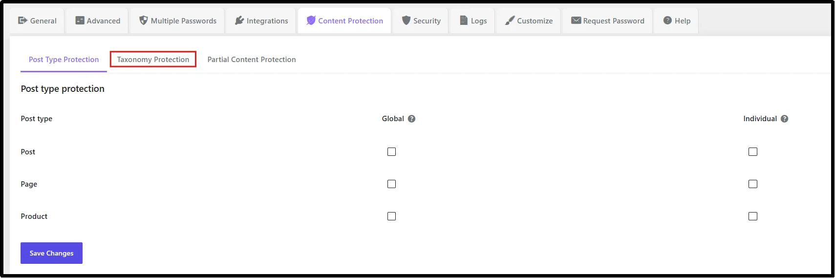 Taxonomy Protection settings under the Content Protection tab in Password Protected