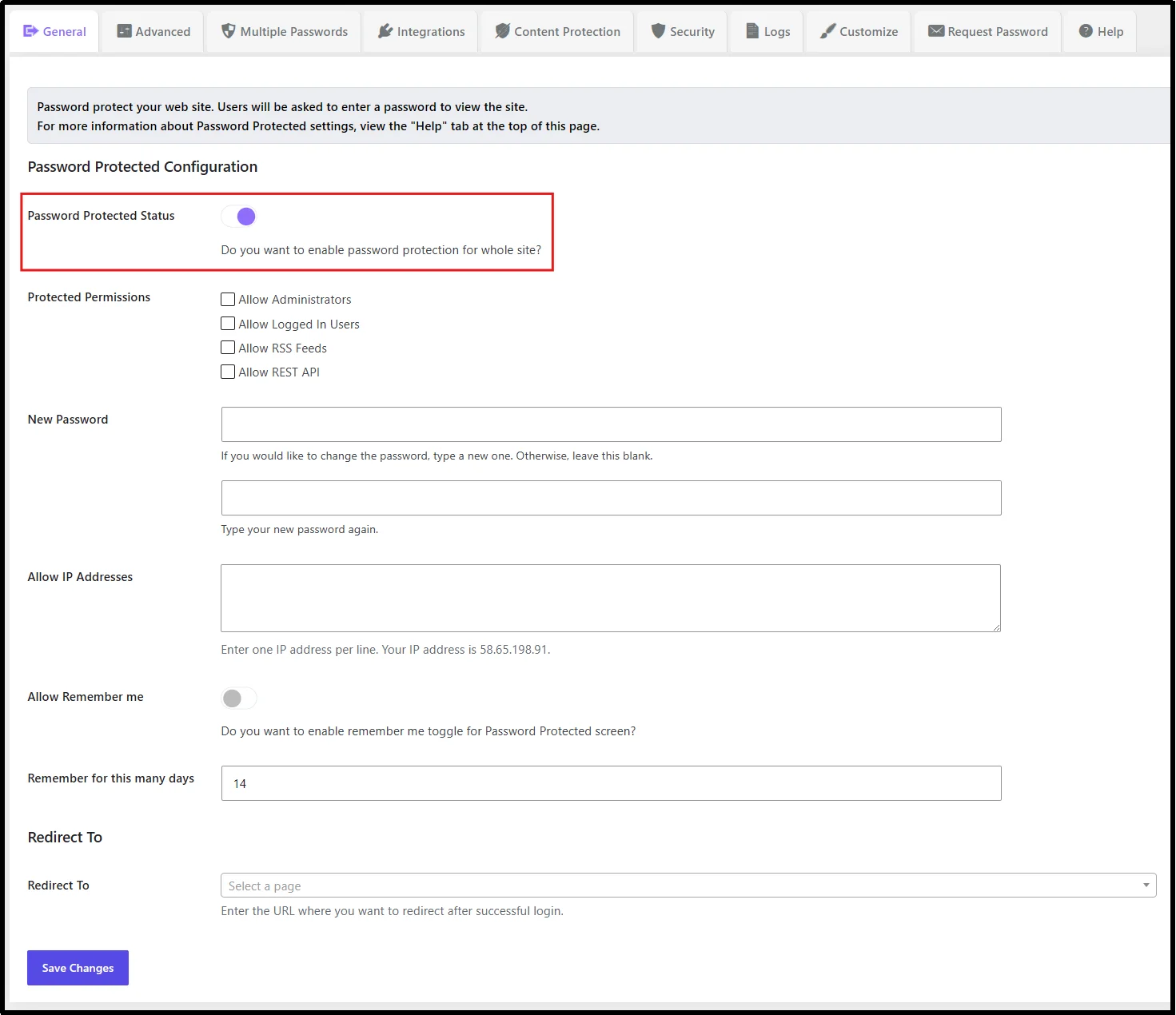 Password Protected Status toggle switched on to make the entire WooCommerce site private