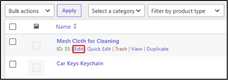 Clicking Edit under a WooCommerce product name to open the product editor