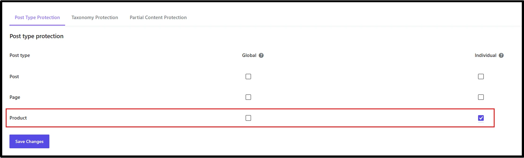 Individual Products selected under Post Type Protection to make a WooCommerce product private