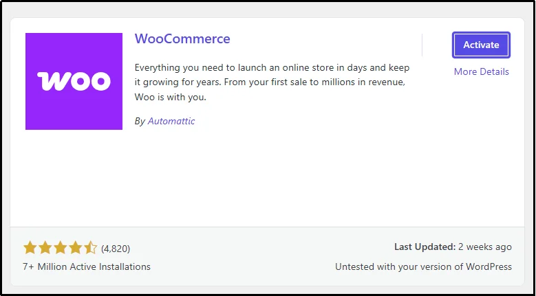WordPress dashboard with WooCommerce installed and active before setting up a private store