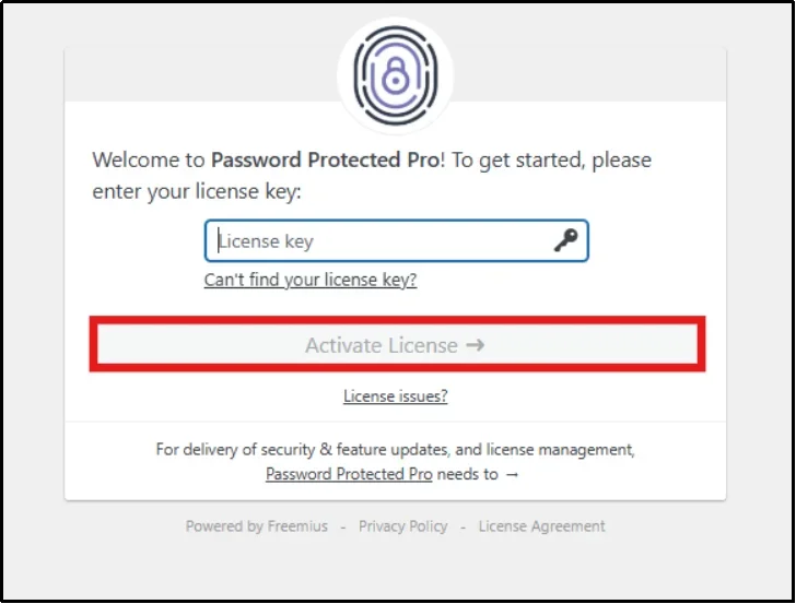 Password Protected Pro license key field with Activate License button