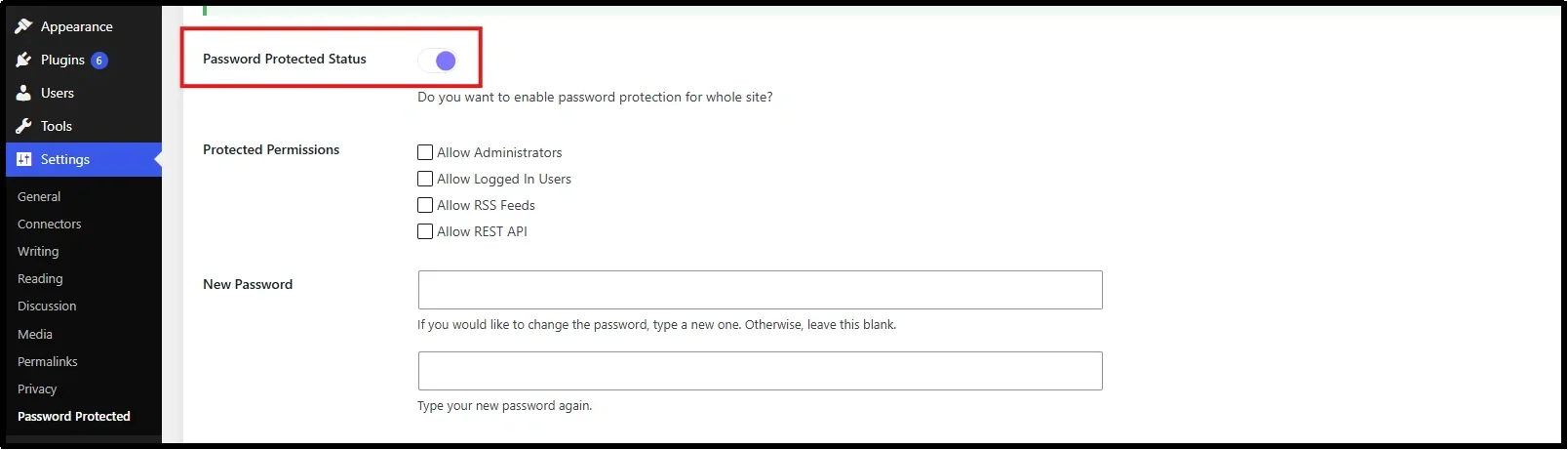 Password Protected Status toggle enabled to password protect the entire WordPress site