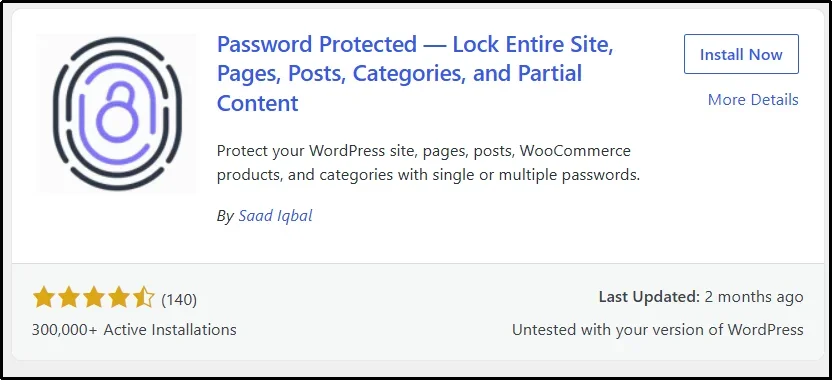 Password Protected plugin in WordPress plugin search results with Install Now button