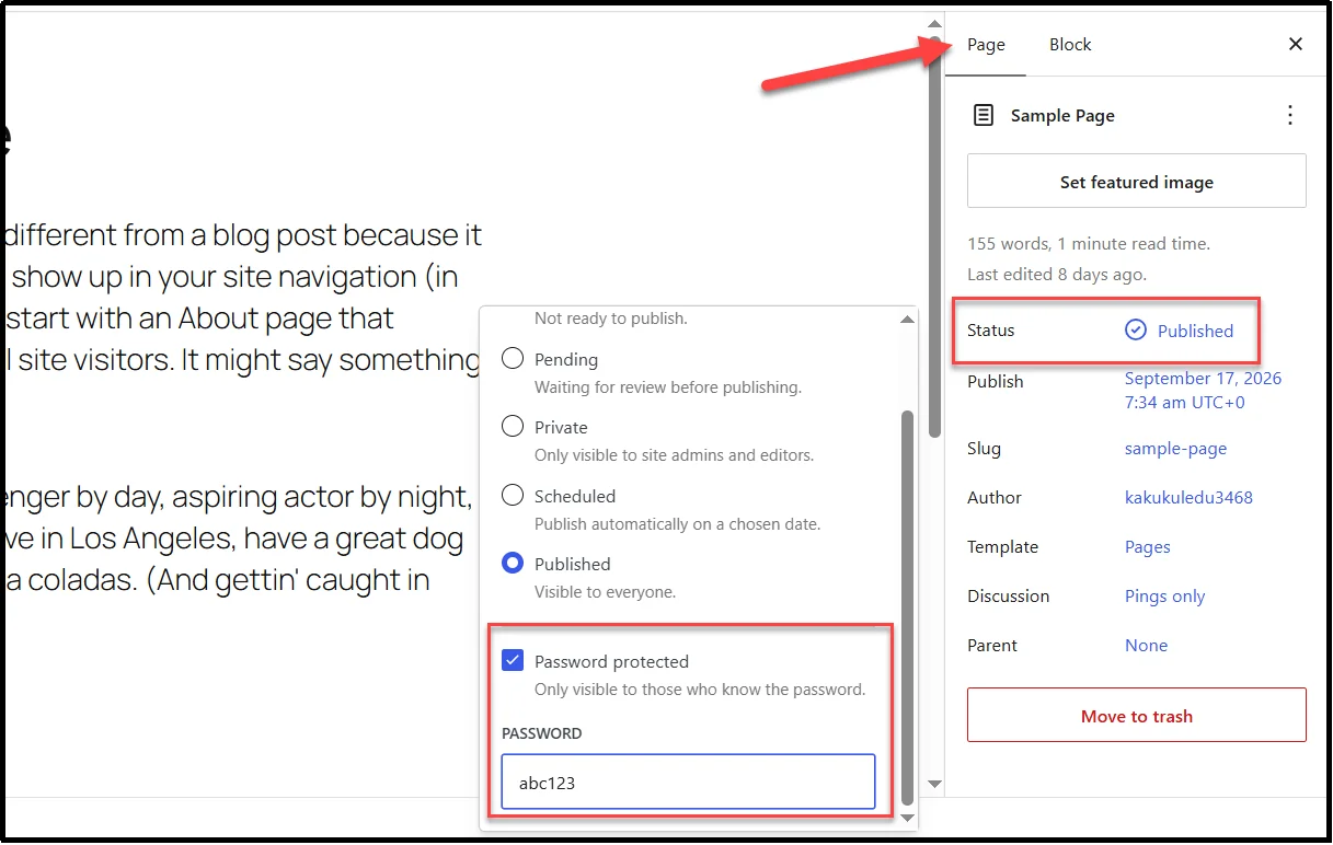 Password protected visibility option and password field for a WordPress page in the block editor