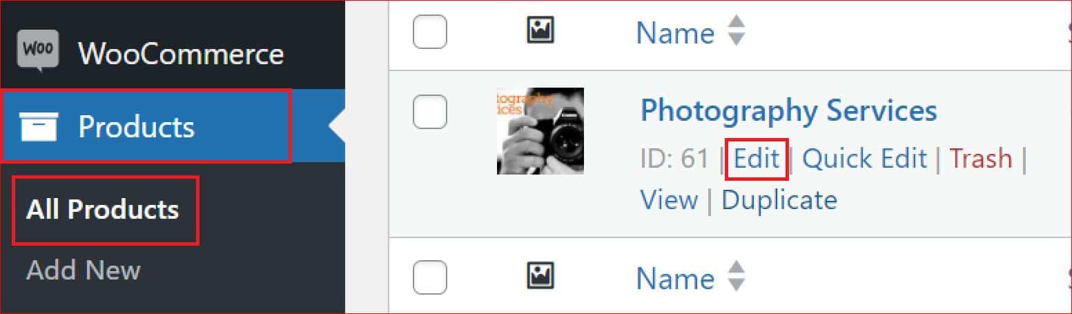 A WordPress dashboard listing all products with indicators for those that are password-protected.