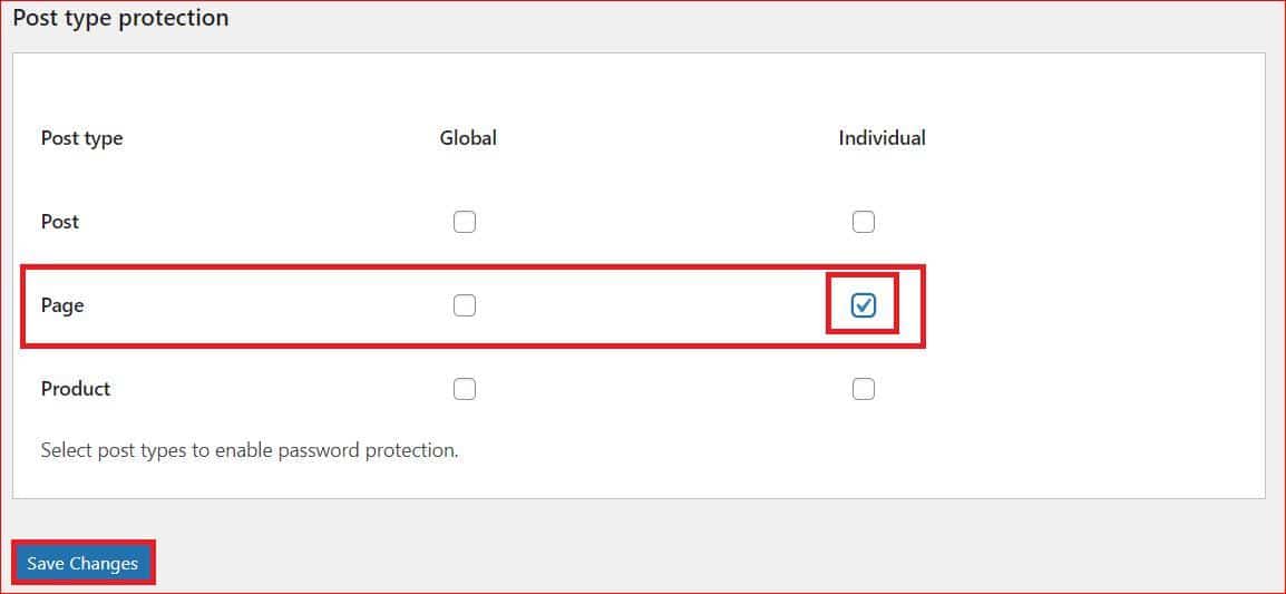 A WordPress post settings page showing the option to check a box for password-protecting an individual page.
