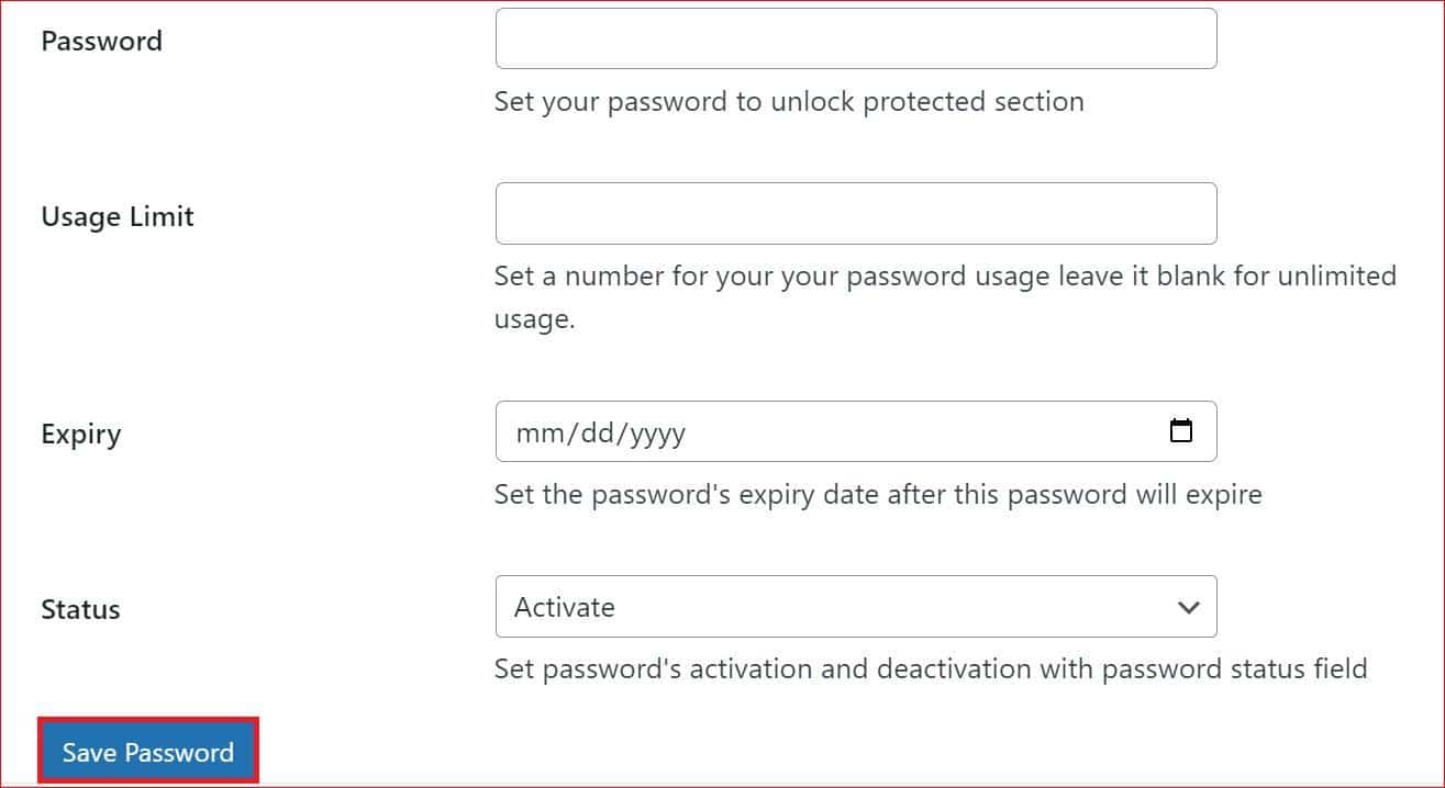 A WordPress settings page showing the "Save Password" button to confirm changes to password-protected content.