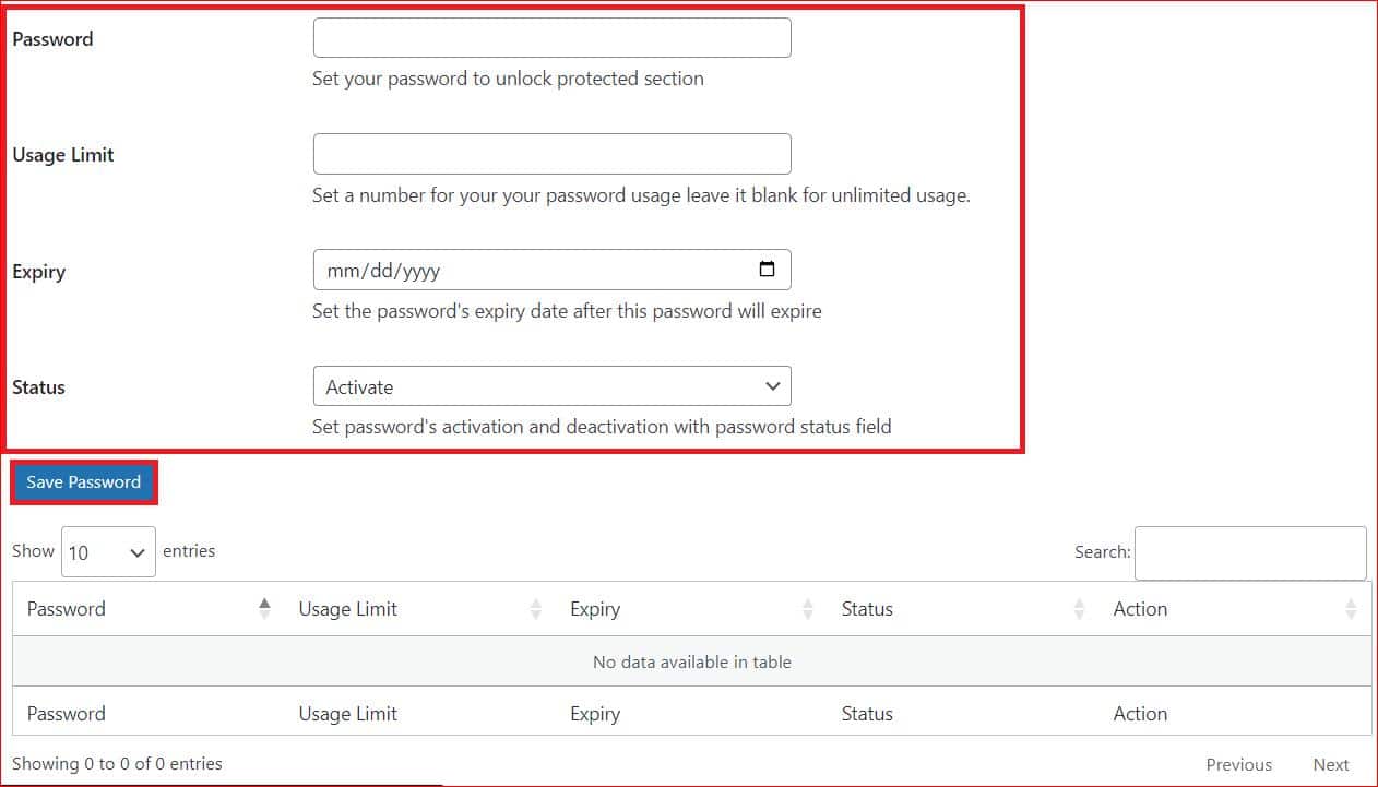 A WordPress settings page for configuring password protection settings, including password creation and visibility.