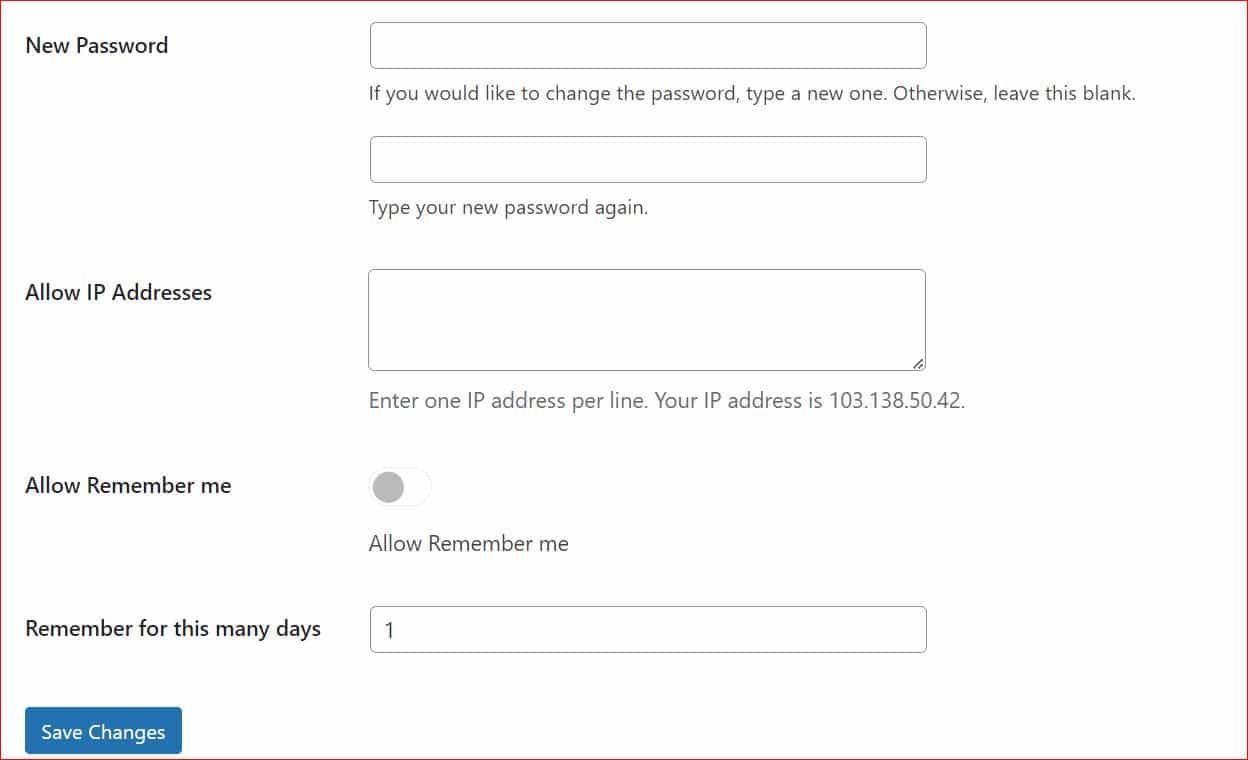 A WordPress settings page prompting users to create a password for site-wide protection.