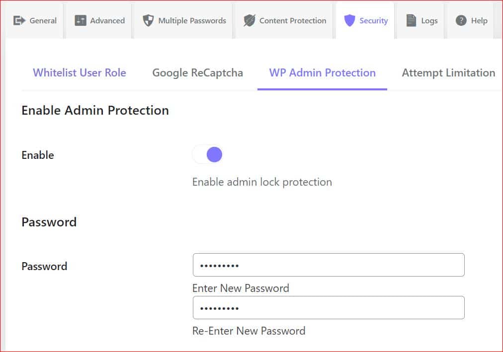 A WordPress settings panel with the option to enable password protection for the wp-admin area.