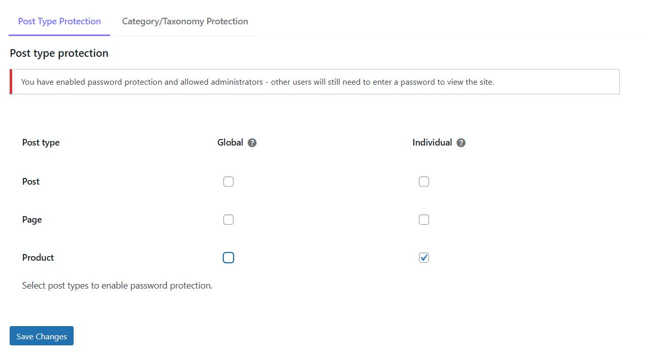 A WordPress admin dashboard highlighting the "Post Type Protection" tab for setting password protection on posts.