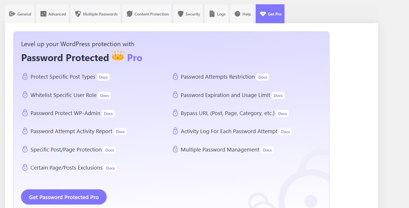 A banner for "Password Protected Pro Version," showcasing additional features of the premium plugin.