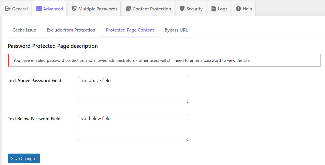 An example of a password-protected WordPress page, showing a "Protected Content" message with a password field.