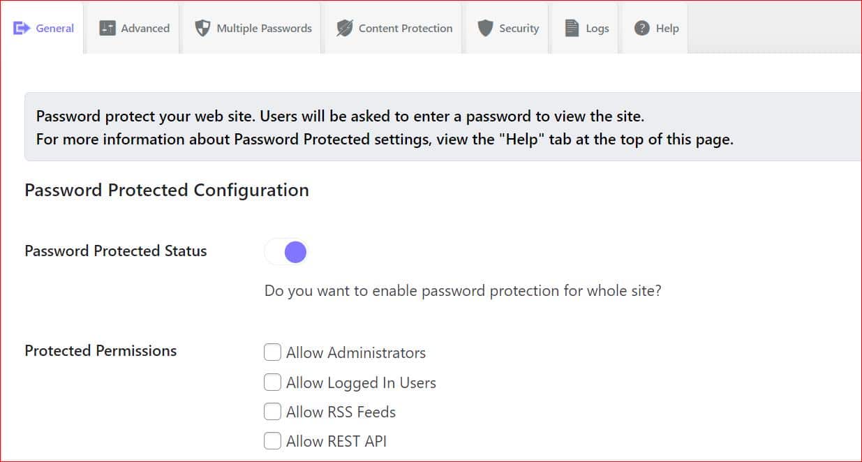 WordPress permissions settings screen with options to restrict access to specific users and roles.