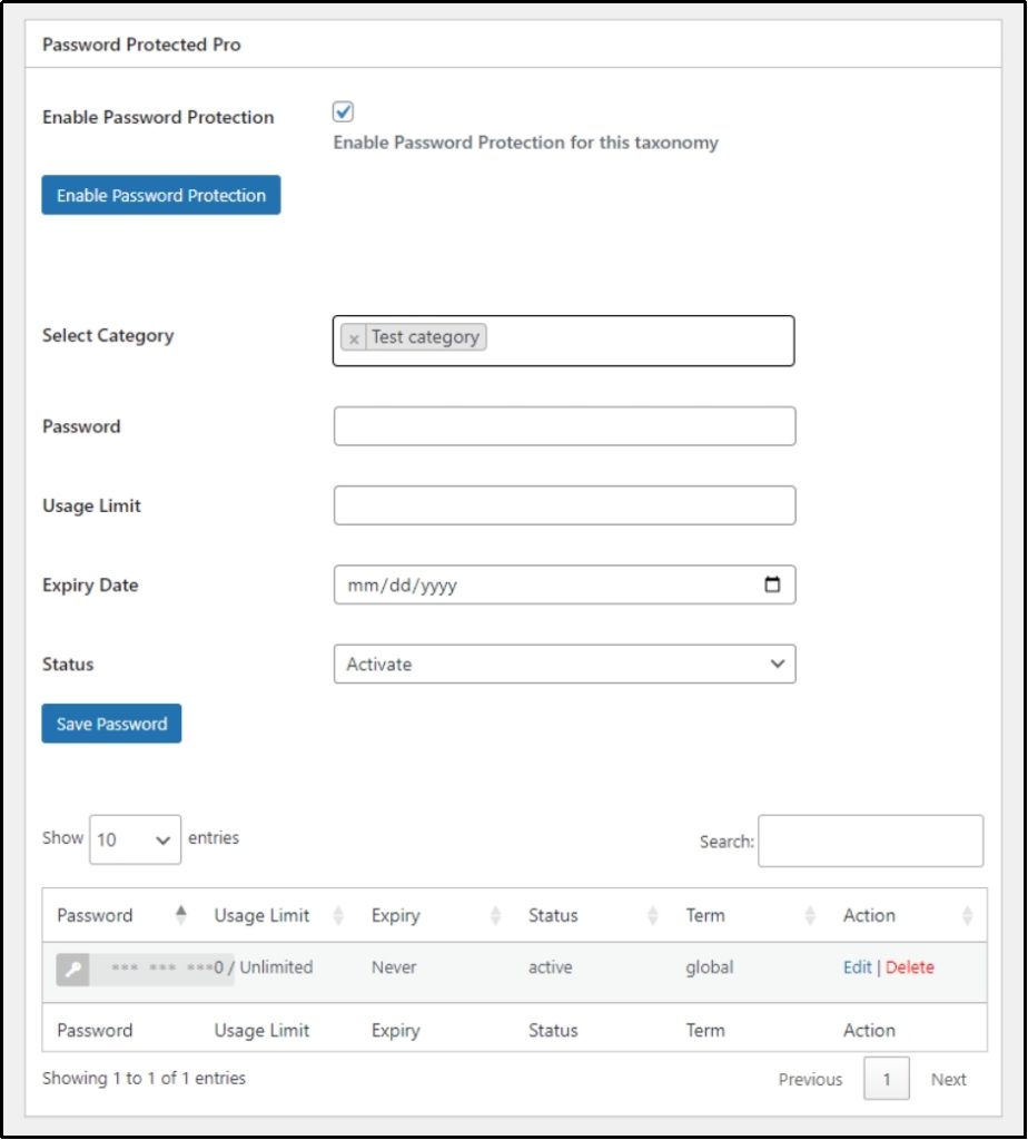 "Enable Password Protection" toggle in settings.