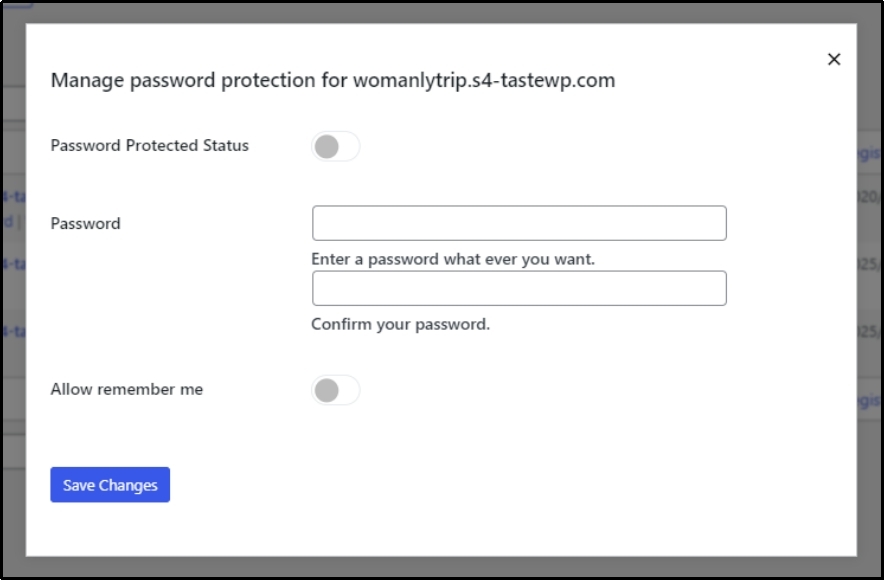 Password protection settings for staging sites.