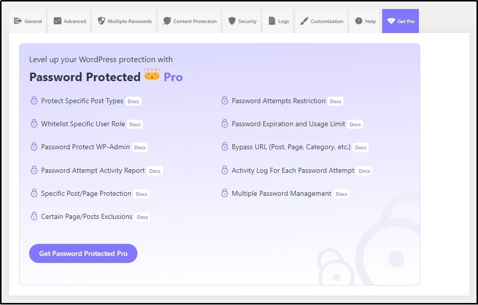 "Password Protected Pro" button in UI.