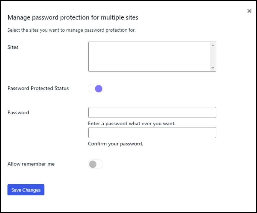 Password protection settings for multiple sites.