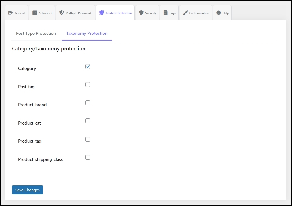 WordPress settings showing "Taxonomy Protection" options.