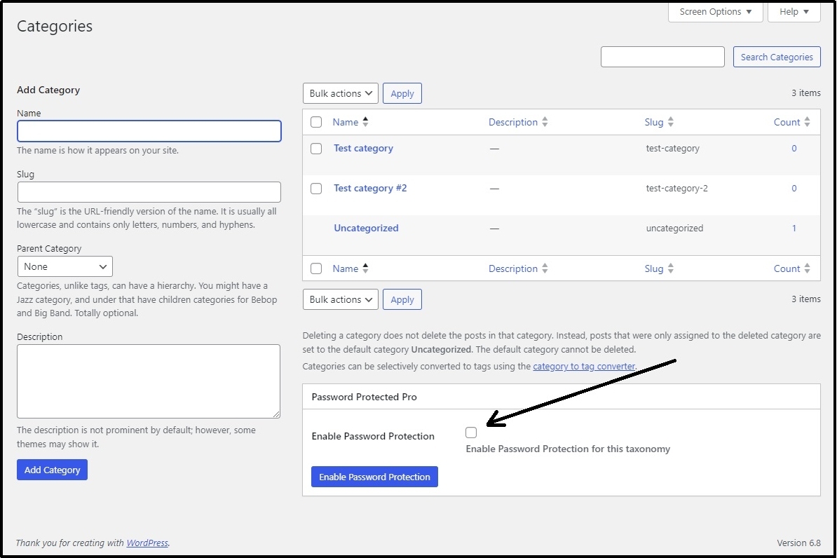Enable password protection checkbox.