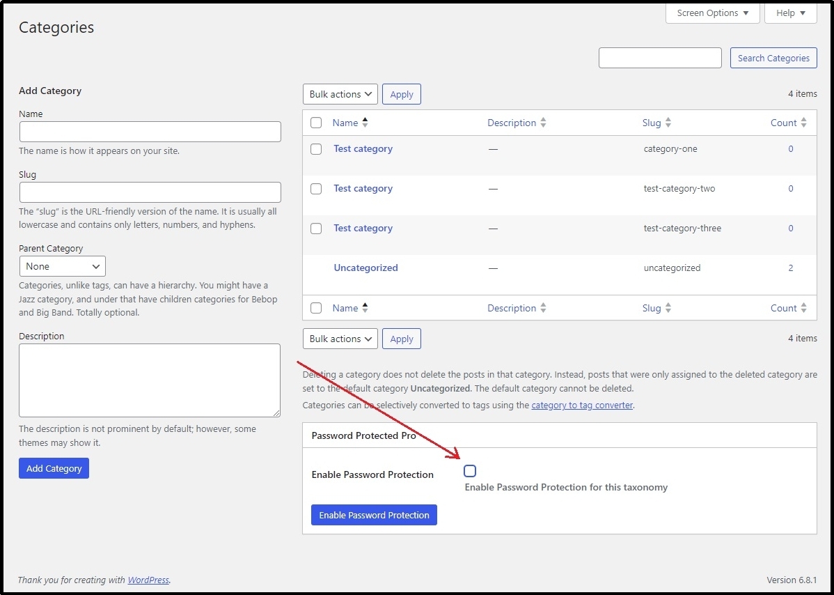 Category settings for content protection.