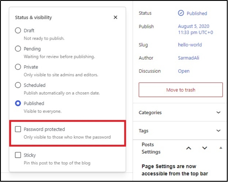Clicking password protected checkbox.