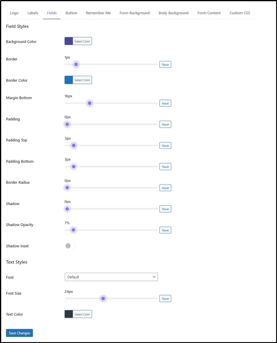 Form "Fields" customization tab.