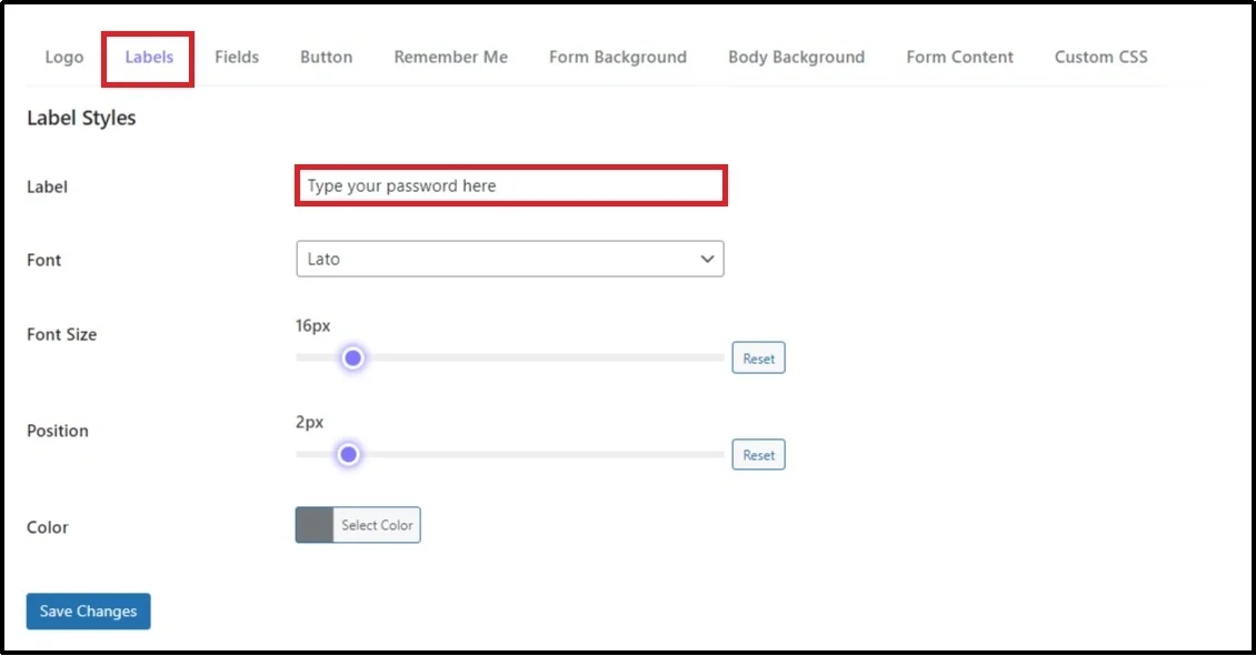 Settings panel "Labels" tab.