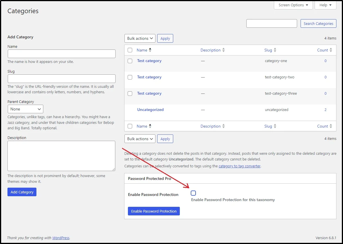 Checkbox to protect a specific category in taxonomy settings
