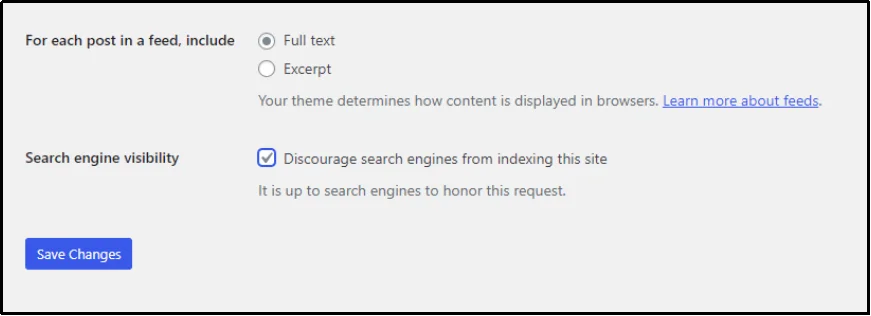 Checkbox to discourage search engines from indexing the WordPress site