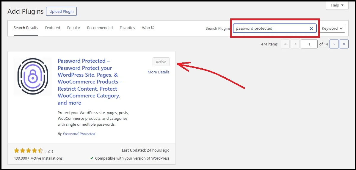 Installing the Password Protected plugin in WordPress dashboard