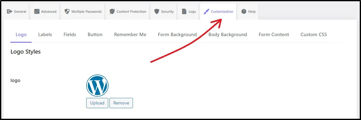 Navigating to the Customization tab in Password Protected plugin
