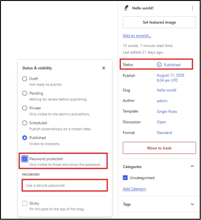 WordPress visibility panel with Password protected selected