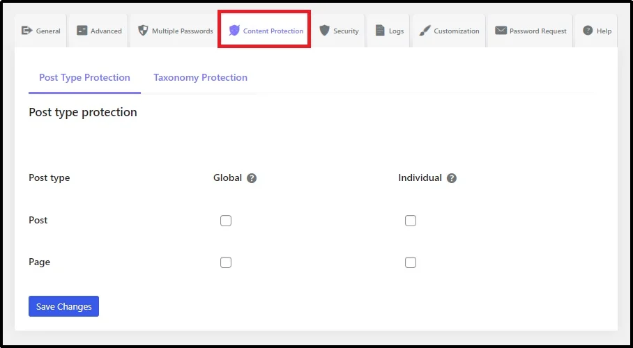 Switching to the Content Protection tab in plugin settings