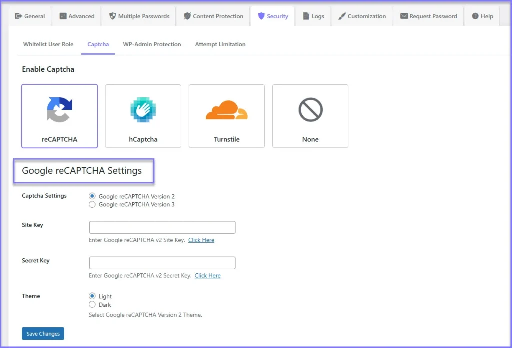 WordPress admin password protection settings