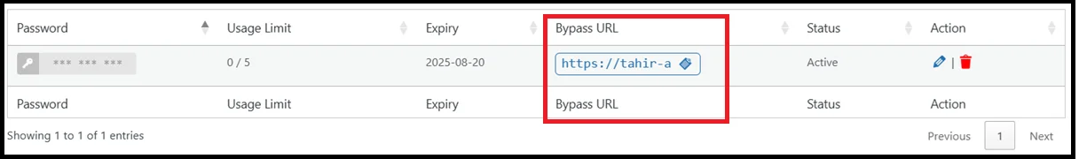 Example of a generated bypass link for password protection