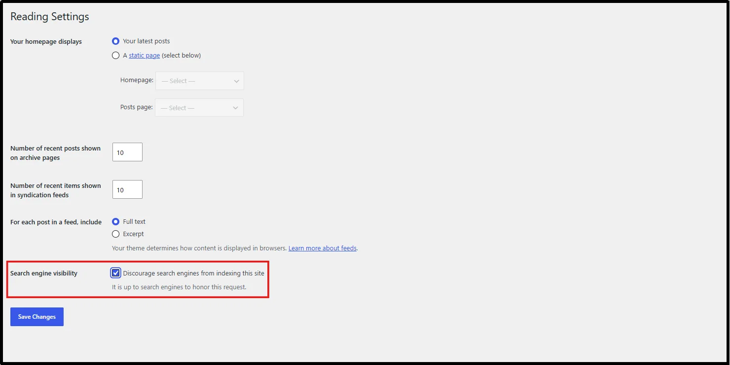 WordPress Reading Settings with the Discourage search engines from indexing this site checkbox selected
